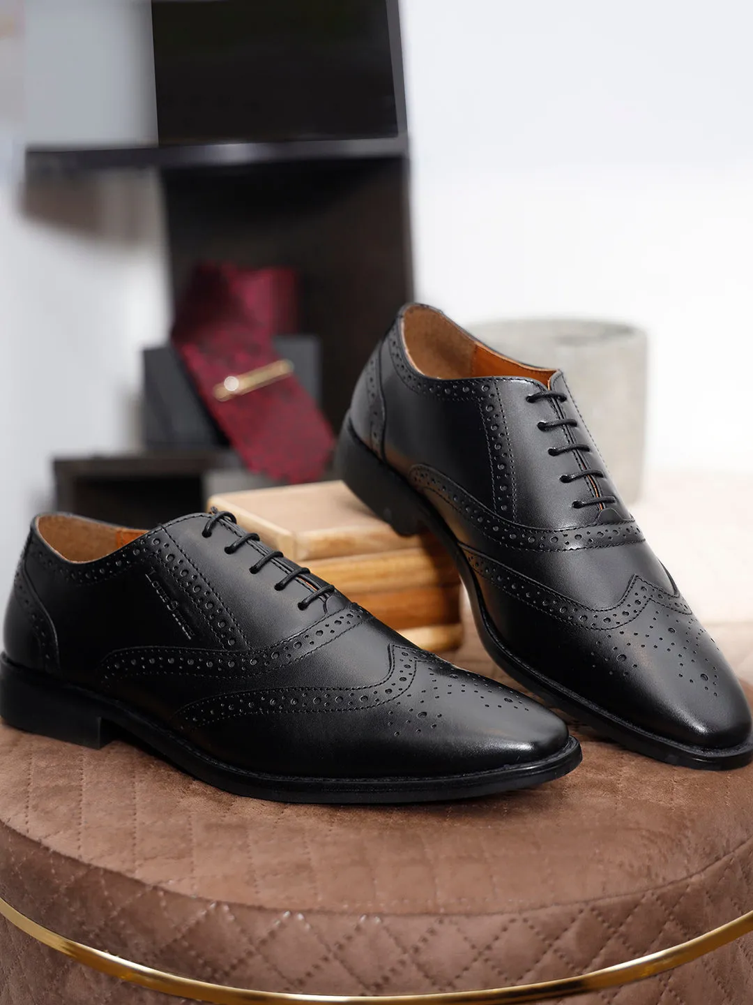 Jet Black Italian Leather Wingtip Brogue Shoes