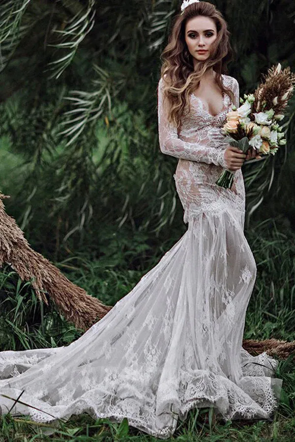 Mermaid Backless Long sleeves Lace Bohemian Wedding Dress TN404