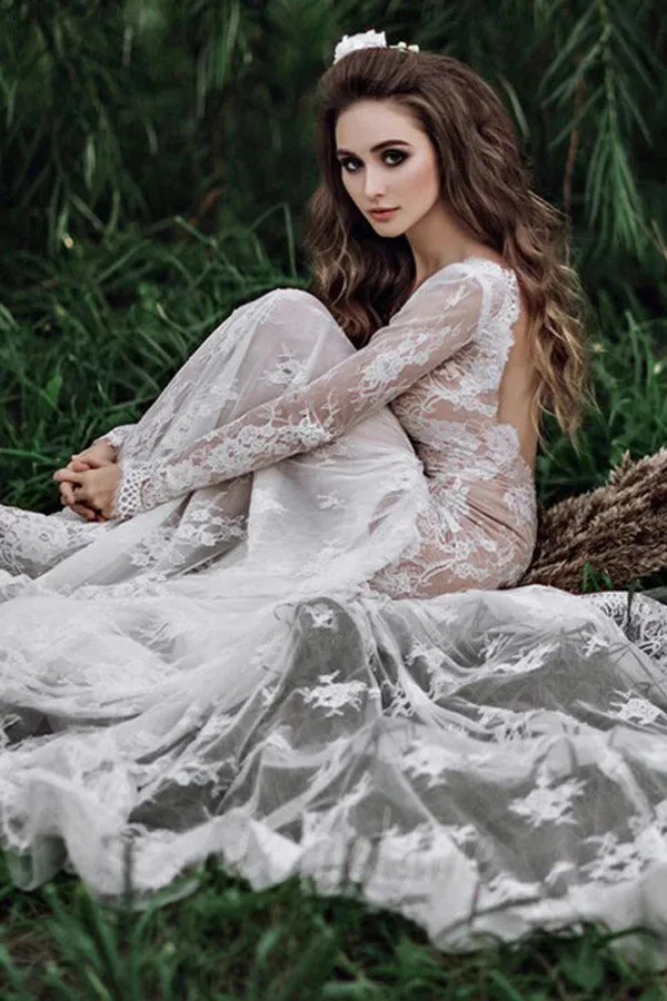 Mermaid Backless Long sleeves Lace Bohemian Wedding Dress TN404