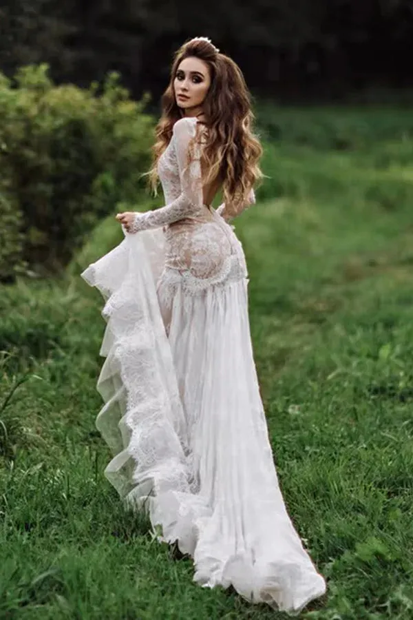 Mermaid Backless Long sleeves Lace Bohemian Wedding Dress TN404