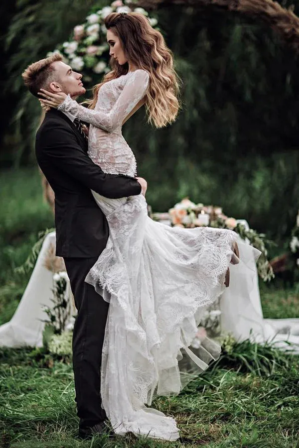 Mermaid Backless Long sleeves Lace Bohemian Wedding Dress TN404