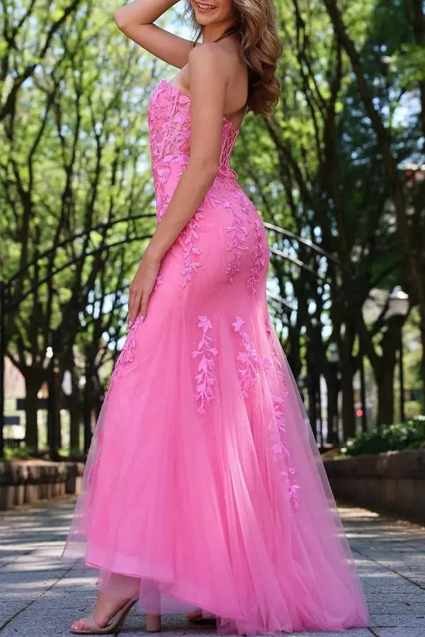 Mermaid Strapless Lace Appliques Pink Long Prom Dress TP1354