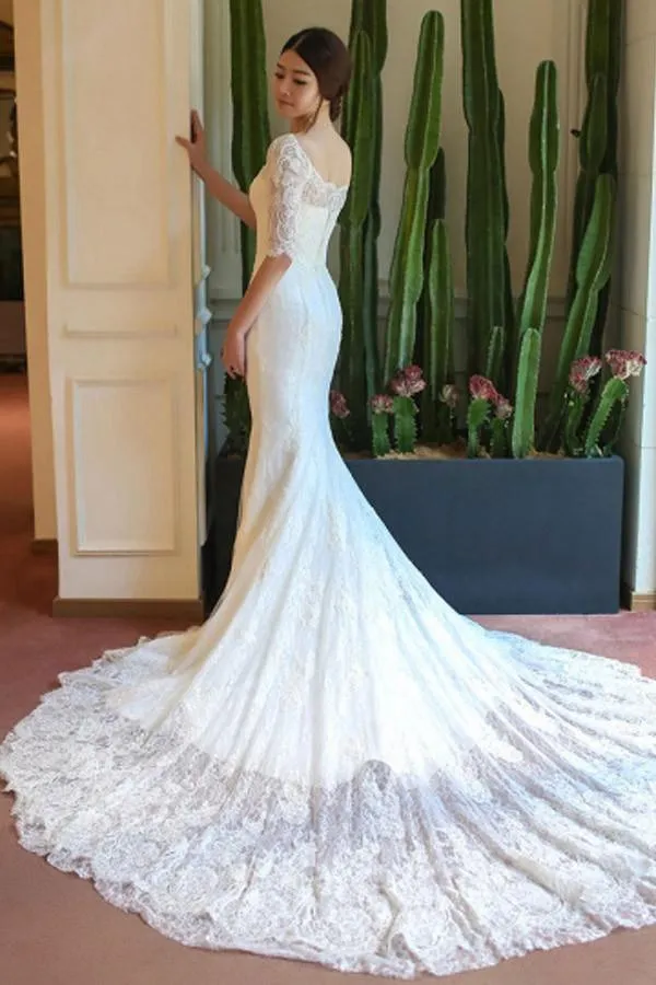 Off-The-Shoulder Half Sleeve Mermaid Court Lace Ivory Wedding Dress WD091