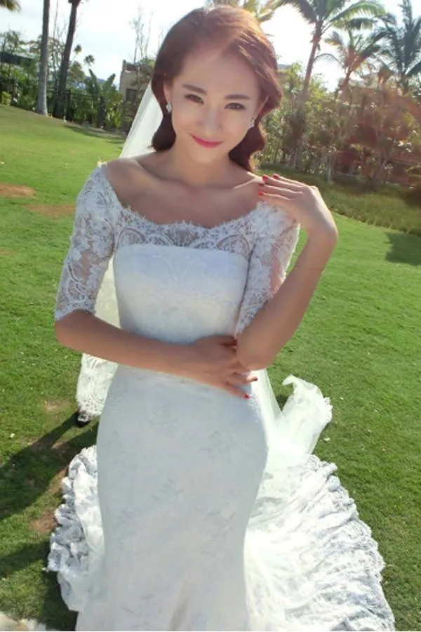 Off-The-Shoulder Half Sleeve Mermaid Court Lace Ivory Wedding Dress WD091