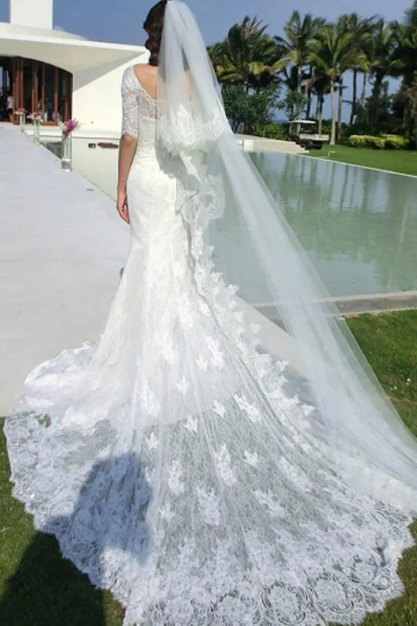 Off-The-Shoulder Half Sleeve Mermaid Court Lace Ivory Wedding Dress WD091