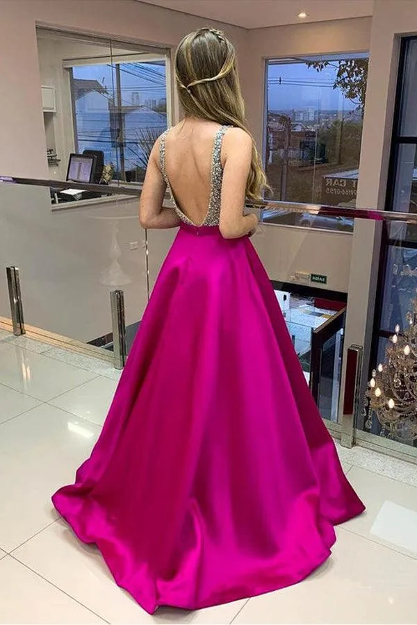 Satin Spaghetti Straps A-line Prom Dresses With Beadings TP1053