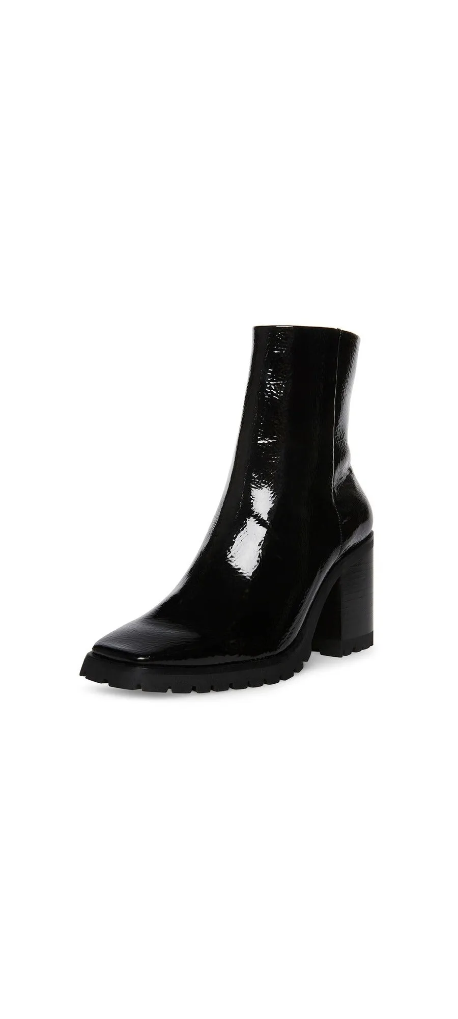 Steve Madden Pamela Black Leather Patent Fashion Block High Heel Ankle Booties