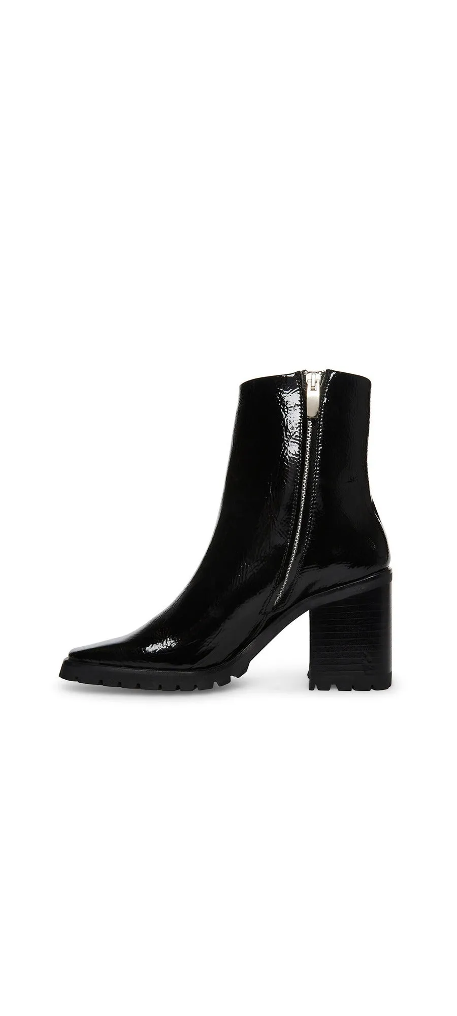 Steve Madden Pamela Black Leather Patent Fashion Block High Heel Ankle Booties