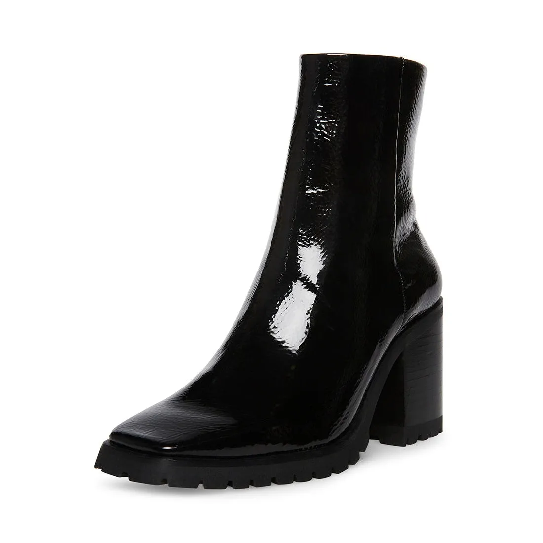Steve Madden Pamela Black Leather Patent Fashion Block High Heel Ankle Booties
