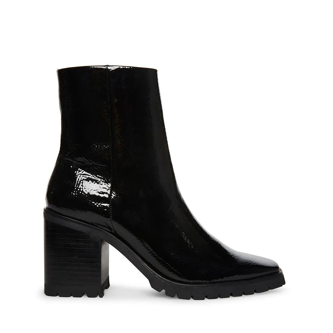 Steve Madden Pamela Black Leather Patent Fashion Block High Heel Ankle Booties