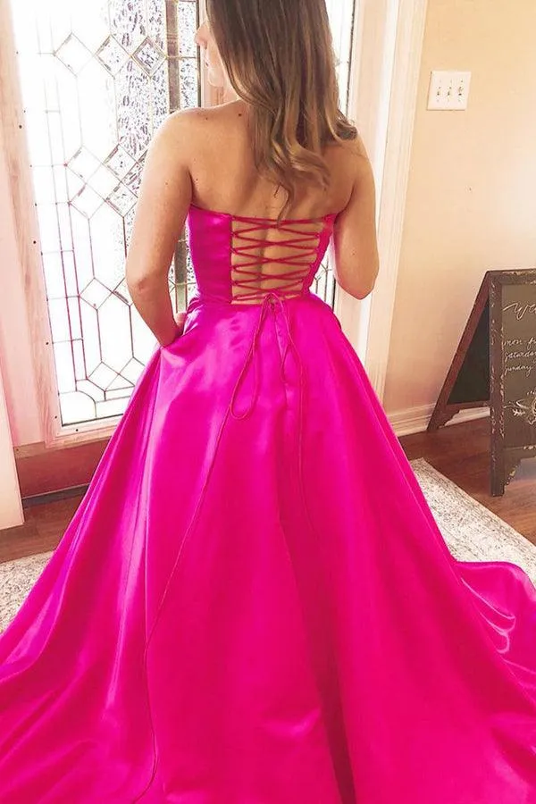 Strapless Fuchsia Satin Long Prom Dresses Evening Dresses With Pockets TP1095