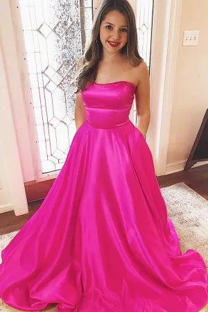 Strapless Fuchsia Satin Long Prom Dresses Evening Dresses With Pockets TP1095
