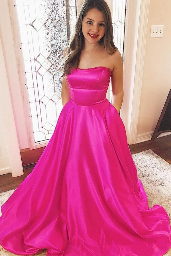 Strapless Fuchsia Satin Long Prom Dresses Evening Dresses With Pockets TP1095