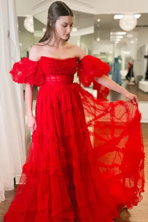 Strapless Ruffles A-Line Red Long Prom Dress with Puff Sleeves TP1360