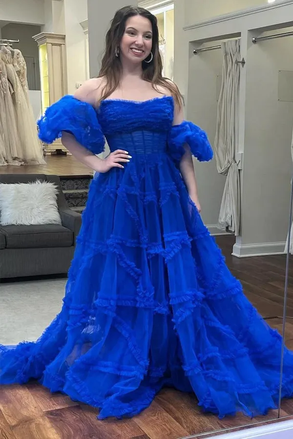 Strapless Ruffles A-Line Red Long Prom Dress with Puff Sleeves TP1360