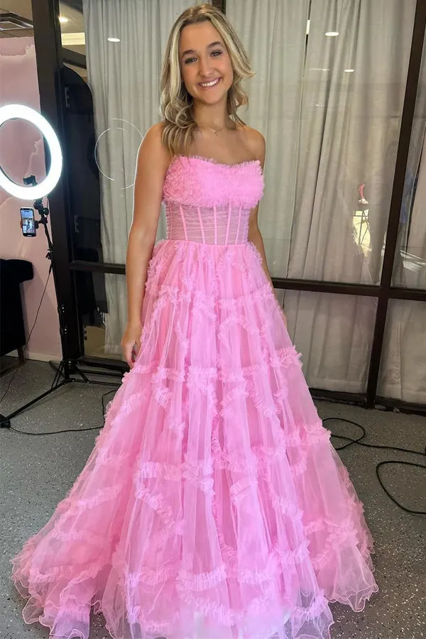 Strapless Ruffles A-Line Red Long Prom Dress with Puff Sleeves TP1360