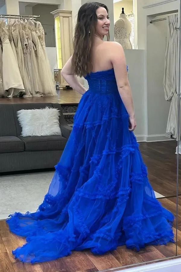 Strapless Ruffles A-Line Red Long Prom Dress with Puff Sleeves TP1360
