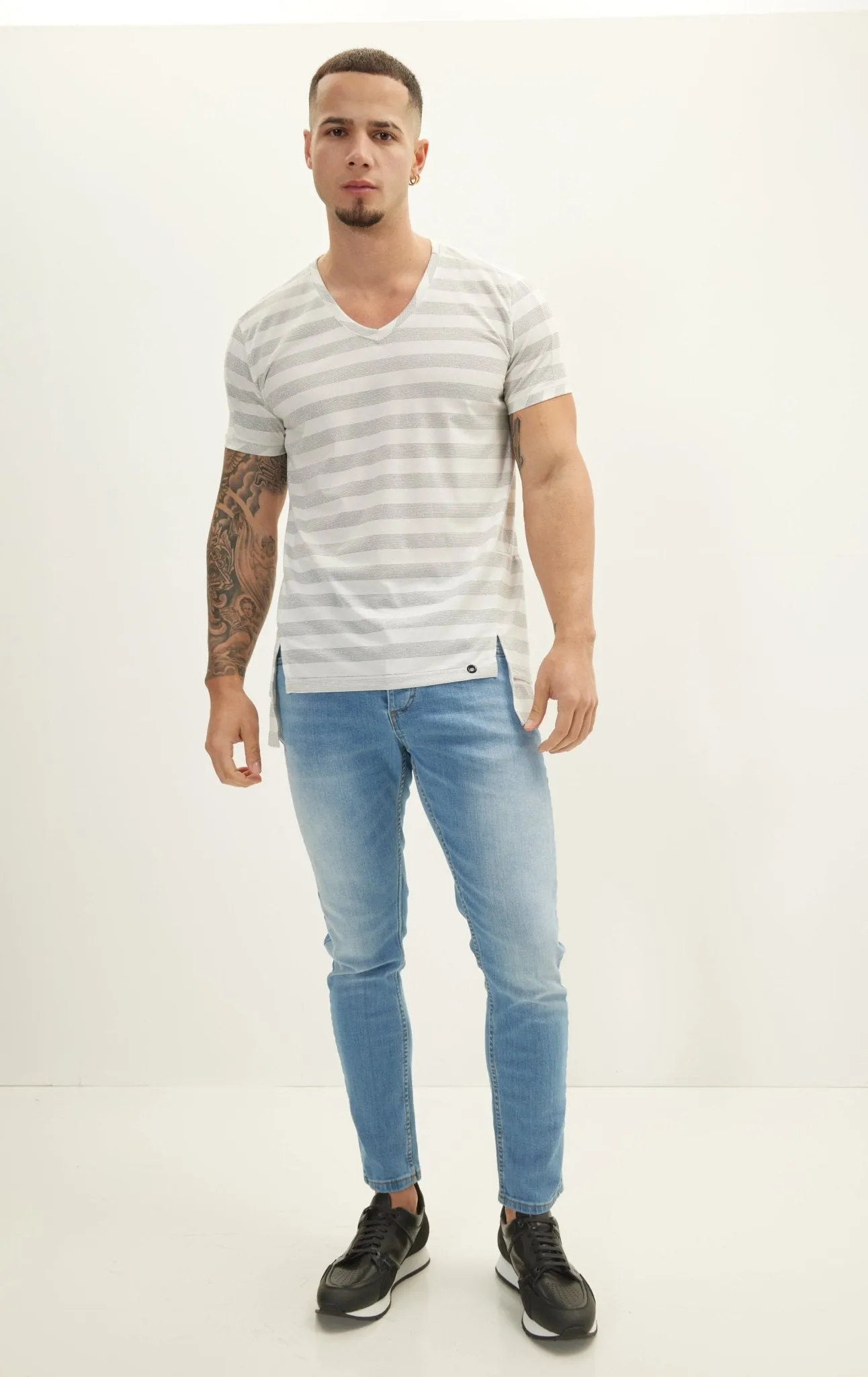 Striped V-Neck T-Shirt - Cream