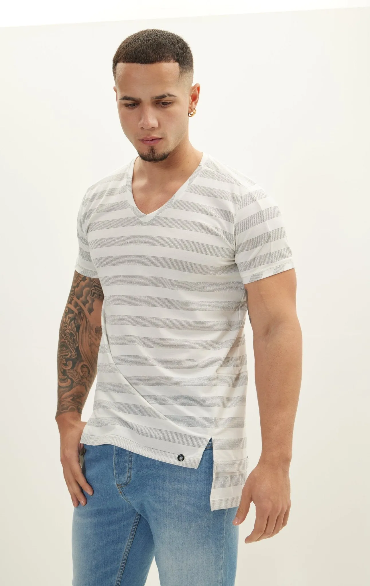 Striped V-Neck T-Shirt - Cream