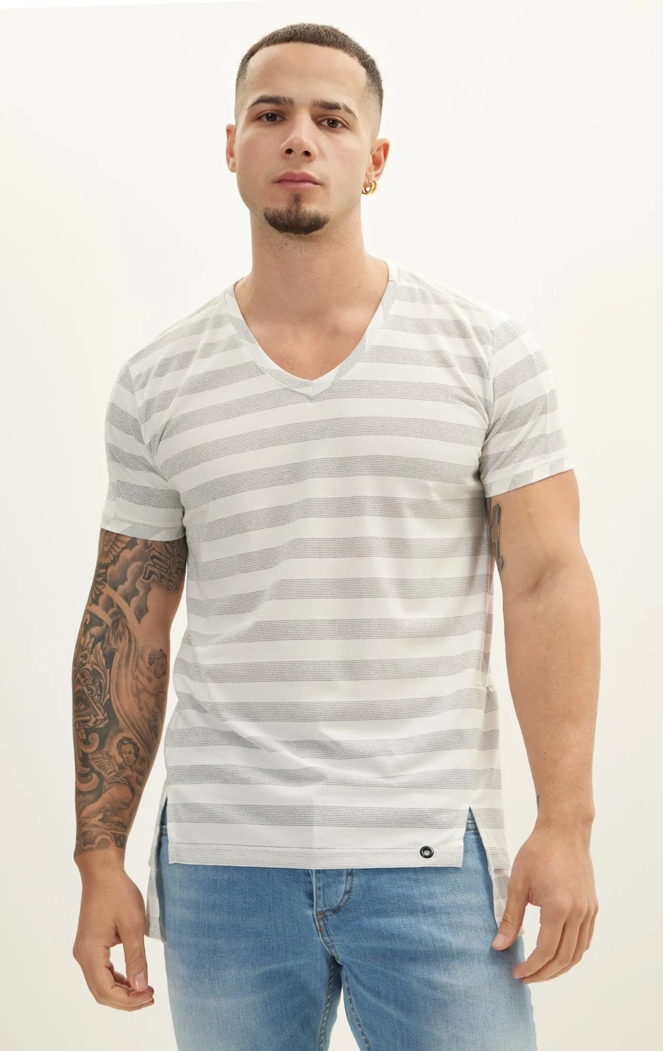 Striped V-Neck T-Shirt - Cream