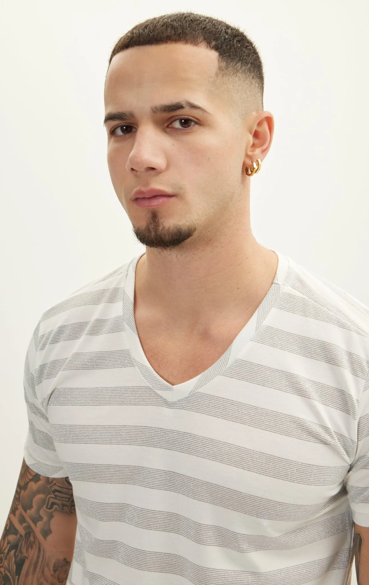 Striped V-Neck T-Shirt - Cream