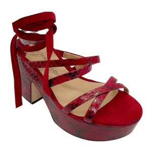 Tamara Mellon Deep Red Snakeskin Print and Suede Sandals
