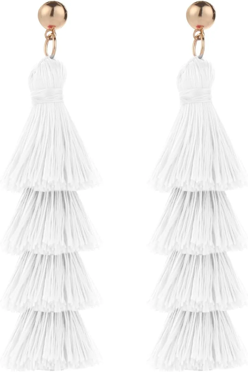Tassel Earrings Handmade Tiered Thread Tassel Dangle Earrings, Multi Colors
