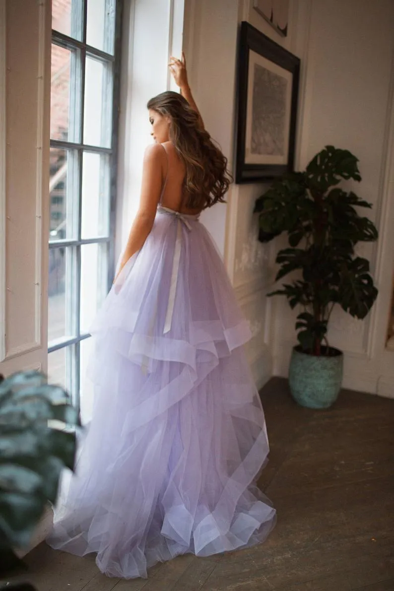 V Neck Spaghetti Straps Lavender Wedding Dresses Backless Bridal Gown TN283