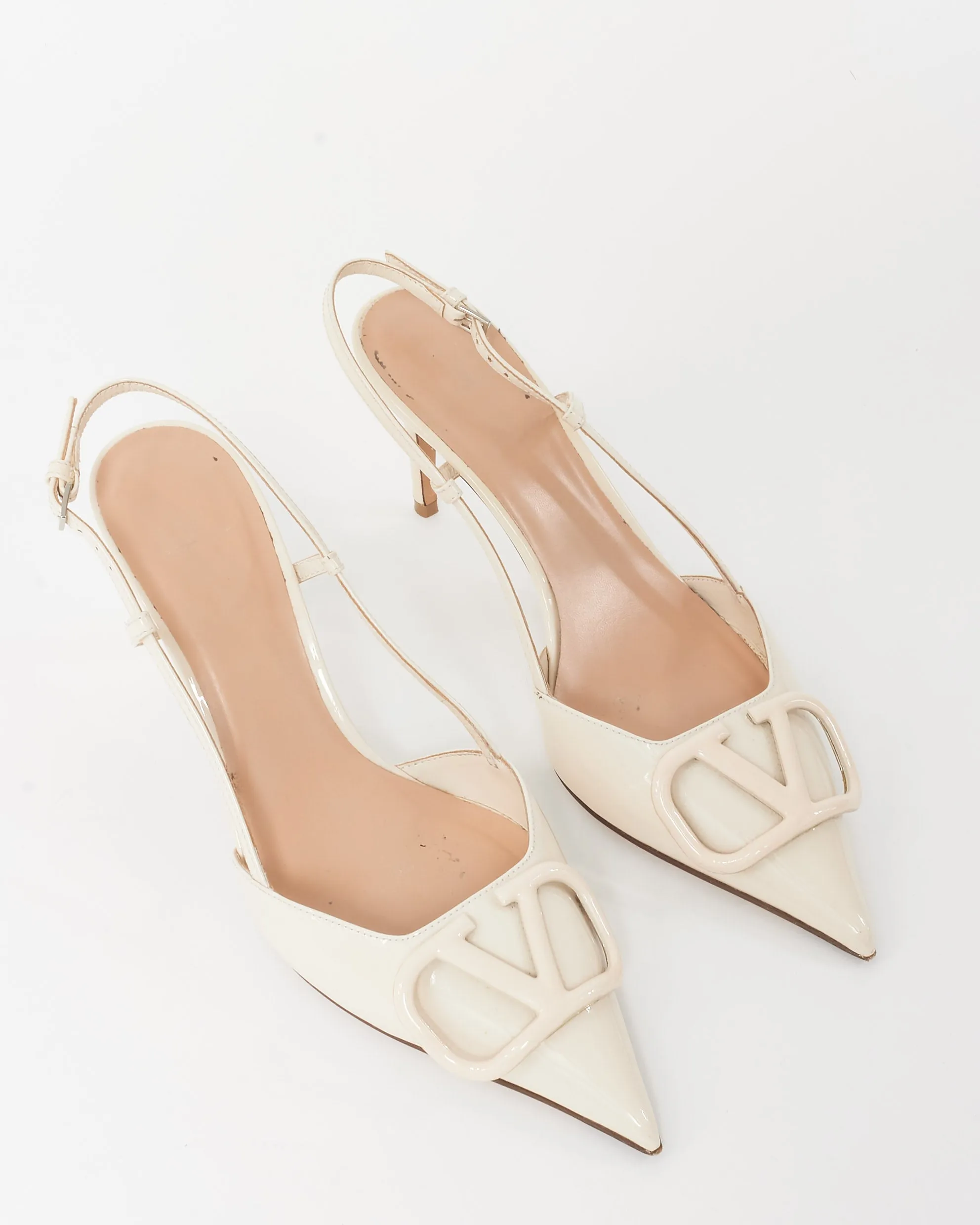 Valentino White Patent Leather VLogo Slingback Pumps - 37.5