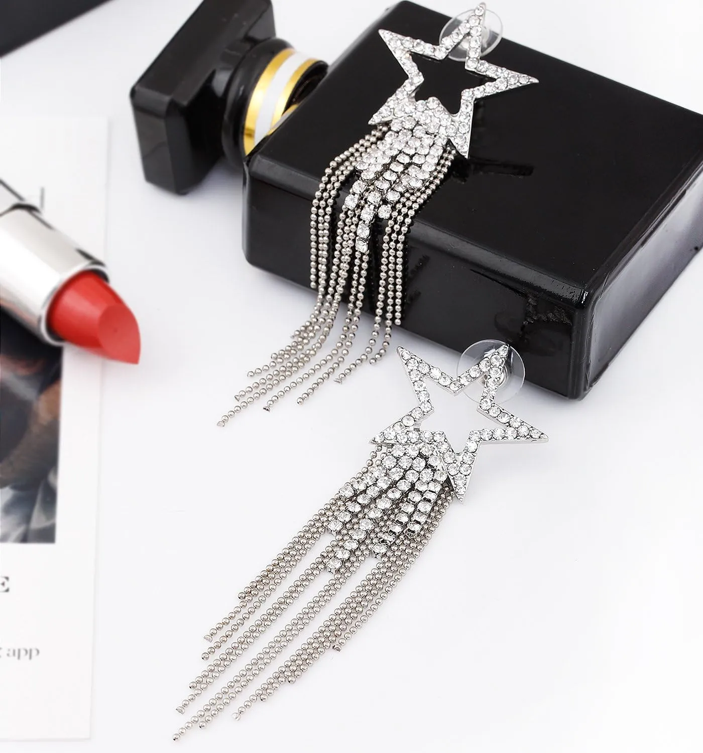 Womens Tassel Earrings Star Ear Stud Pave Crystal Dangle Earrings Boho Waterfall Beaded Fringe Drop Earring
