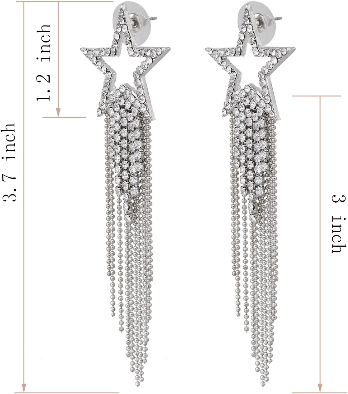 Womens Tassel Earrings Star Ear Stud Pave Crystal Dangle Earrings Boho Waterfall Beaded Fringe Drop Earring