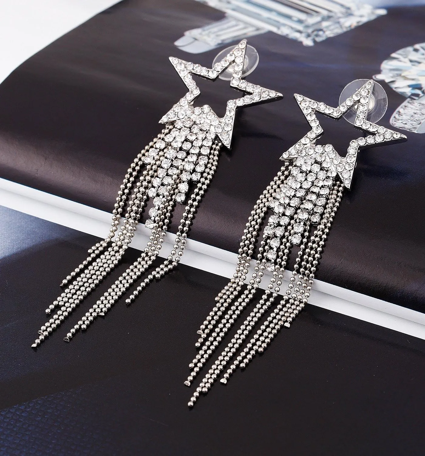 Womens Tassel Earrings Star Ear Stud Pave Crystal Dangle Earrings Boho Waterfall Beaded Fringe Drop Earring