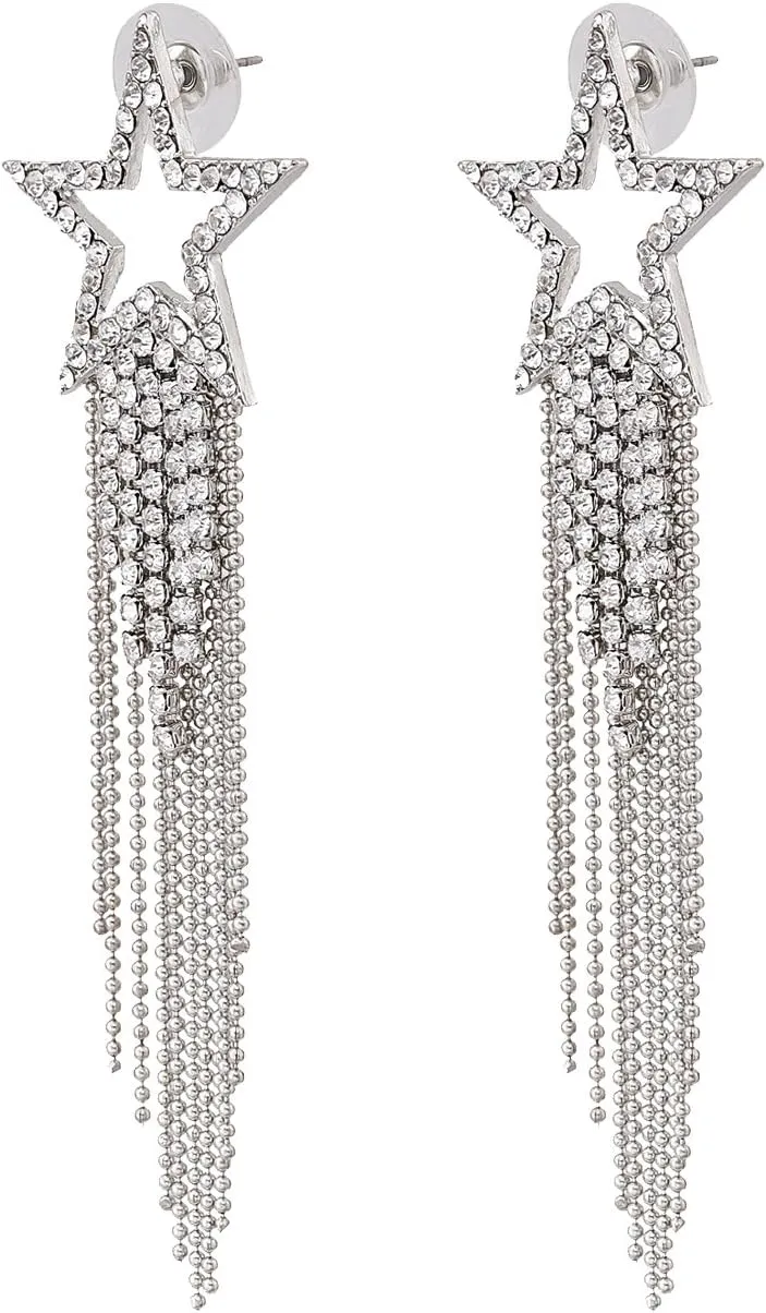 Womens Tassel Earrings Star Ear Stud Pave Crystal Dangle Earrings Boho Waterfall Beaded Fringe Drop Earring