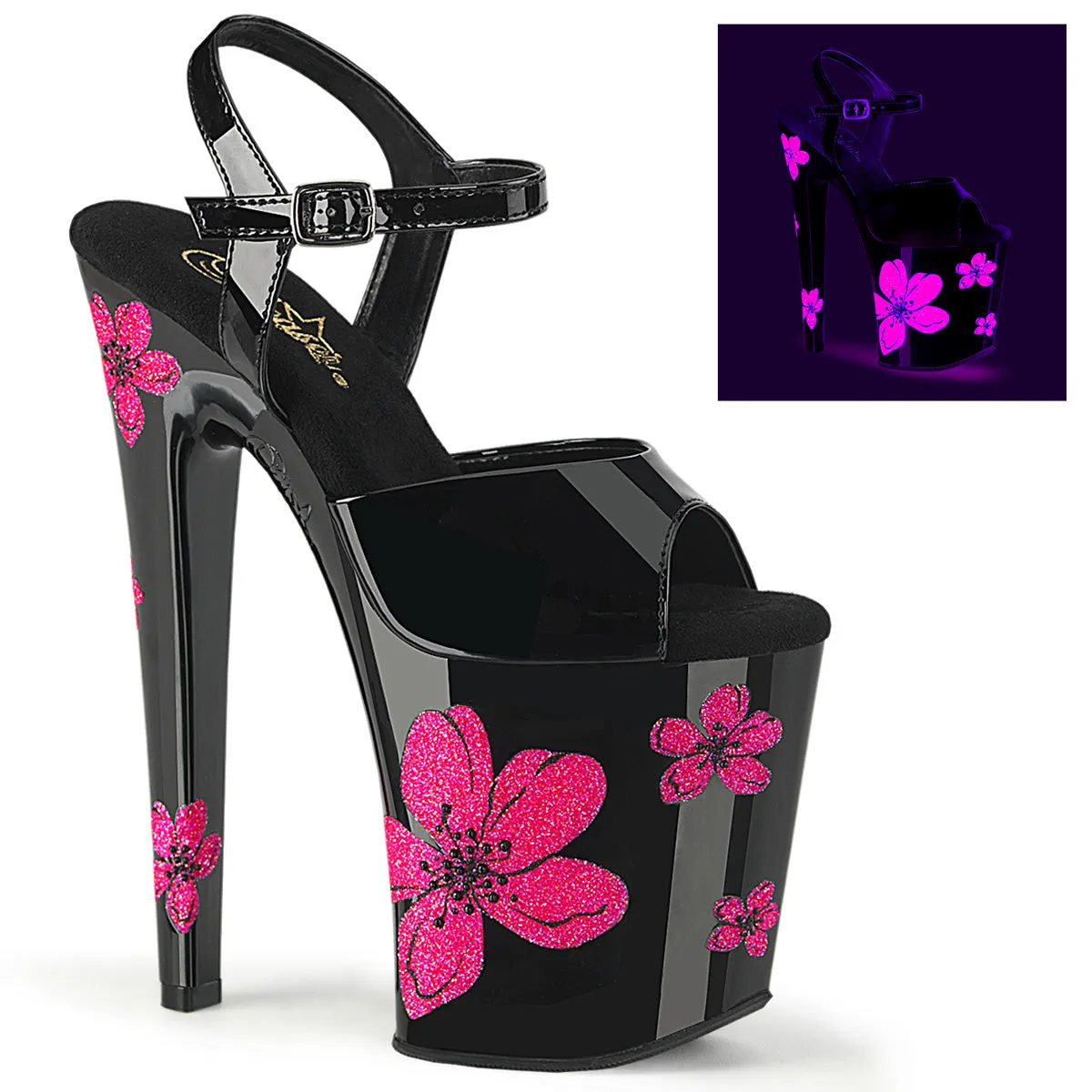 XTREME-809HB UV Blacklight Reactive Pink Glitter Hibiscus Stripper Shoe